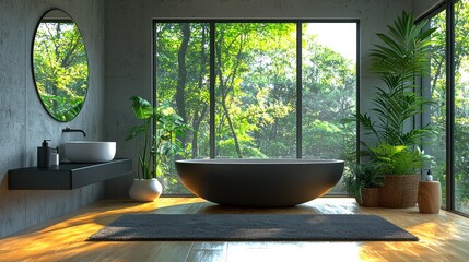 Modern bathroom interior with greenery view