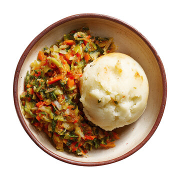 Malawian nsima with vegetable relish served in round bowl, featuring smooth white maize porridge and colorful cooked vegetable mix, offering traditional and comforting meal