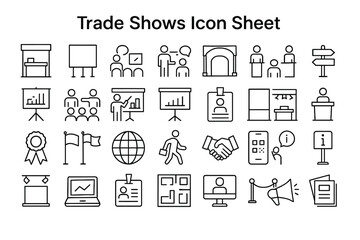 Trade Show Icons: A comprehensive collection of minimalist vector icons depicting various elements associated with trade shows, perfect for graphic design, presentations, and informational materials.