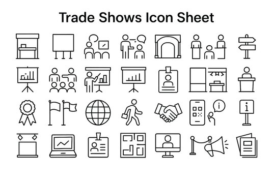 Trade Show Icons: A comprehensive collection of minimalist vector icons depicting various elements associated with trade shows, perfect for graphic design, presentations, and informational materials.