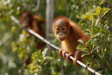 Obraz premium Joyful baby orangutan swings from vines while mother watches lovingly in the rainforest