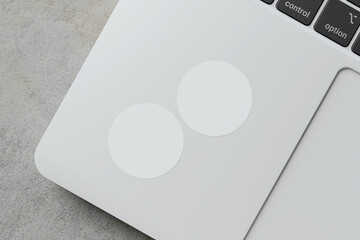 glued sticker for mockup. round stickers set collection. realistic paper on laptop background. blank space for creative design.3d high resolution rendering.