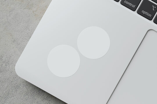 glued sticker for mockup. round stickers set collection. realistic paper on laptop background. blank space for creative design.3d high resolution rendering.