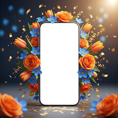Blank Smartphone Screen with Orange and Blue Flowers for Mockup and Branding Design

