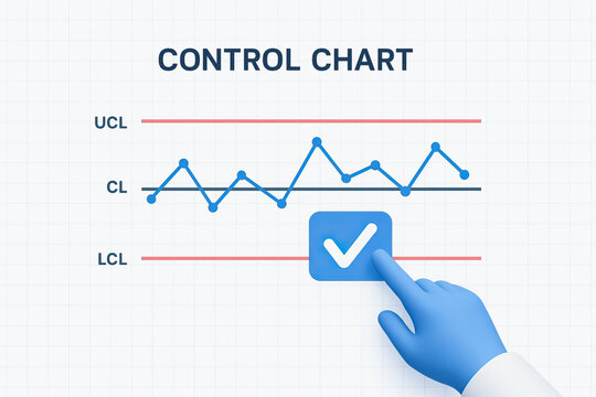 Control chart with upper control limit, lower control limit, and center line showing data points and hand icon pressing checkmark symbol indicating quality control and process monitoring