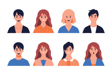 Diverse Avatar Set: A collection of eight unique and diverse avatars, featuring various hairstyles, expressions, and attire, ideal for online profiles or digital projects.