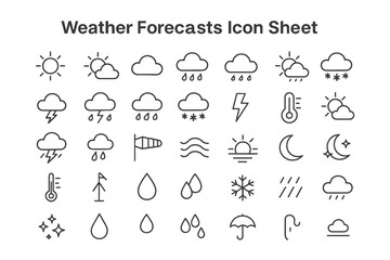 Fototapeta premium Weather Forecast Icons: A comprehensive collection of weather forecast icons, meticulously crafted in a minimalist style, presents an array of atmospheric conditions, from sunny days to stormy nights.