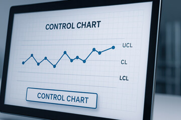 Control chart displayed on computer screen showing data points and trend lines with upper control limit, center line, and lower control limit for quality management