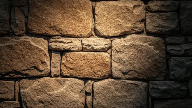 Textured Stone Wall Construction: Close-Up of Interlocking Rock Blocks in Warm Light