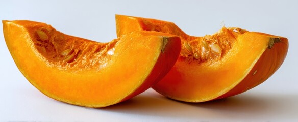 The vibrant orange slices of a freshly cut pumpkin on a white background.