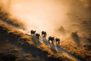 Herd of elephants gracefully traversing the savannah at sunset with swirling dust