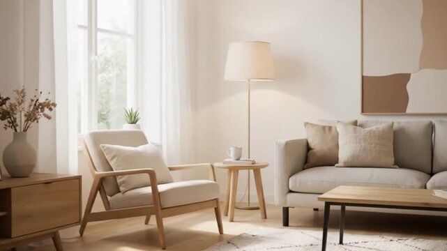 Cozy living room featuring a beige sofa armchair floor lamp  abstract artwork Natural light floods in through sheer curtains