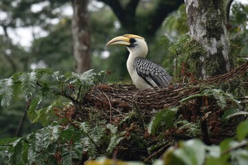 Fototapeta premium Hornbill rests regally beside its nest in the lush jungle of a tropical paradise