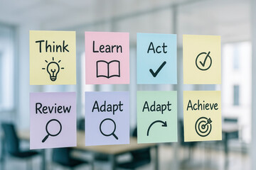 Think Learn Act Review Adapt Achieve words on sticky notes with icons representing ideas education action analysis flexibility and success in office setting