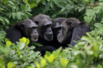 Fototapeta premium Chimpanzees engage in social grooming activity beneath lush greenery in the wild