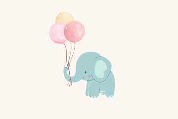"A cute baby elephant holding colorful balloons with its trunk, set against a soft beige background."  © Noorul