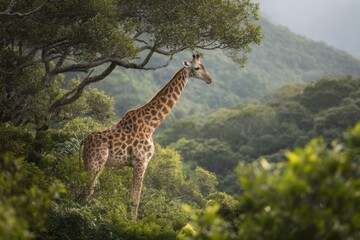 Tall giraffe reaching for leaves at the top of a lush tree in beautiful savannah