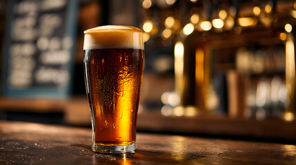 Refreshing Drink in Glass with Golden Foam in Cozy Bar Setting