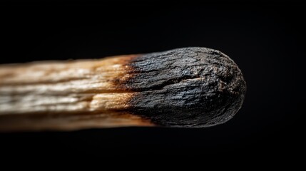 close-up of burnt wooden matchstick tip on black background with sharp focus