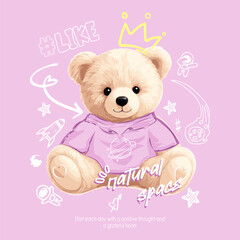Charming vector illustration of a teddy bear wearing a pastel hoodie with space-themed graphicsm. Ideal for children's clothing, baby apparel, nursery prints, mugs, pillows, stickers, or gift items.