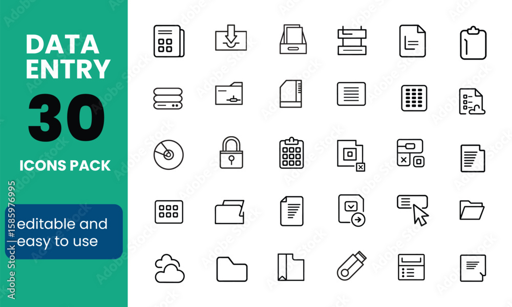 Fototapete Minimal Black Line Icons for Data Entry and Office Workflow—Editable Vector Set