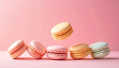 Obraz premium Floating Macarons in Motion – Colorful Sweets on Soft Pink BackgroundWhimsical Dessert Scene – Macarons Suspended in Air Over Pink BackdropPlayful Pastry Motion – Colorful French Macarons Floating