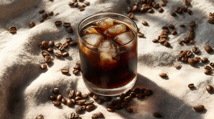 Refreshing Cold Brew Coffee with Ice in a Glass on Coffee Beans