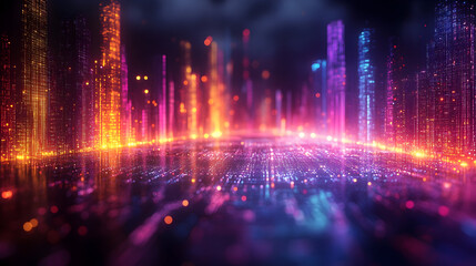 Abstract futuristic cityscape with vibrant neon lights and digital data streams concept