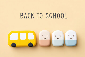 A cute "Back to School" concept featuring a yellow wooden toy bus and friendly smiling eraser characters. A cheerful top-down flat lay for preschool and kindergarten promotions.
