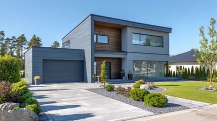 Modern modular house standing on landscaped lot with garden and driveway, sunny day