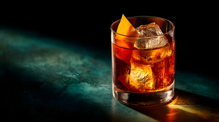 Crystal Glass with Whiskey and Ice on Dark Background