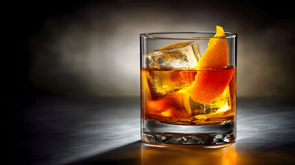 Elegant Cocktail with Ice and Citrus Garnish in Dramatic Lighting
