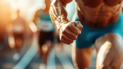 An athletic figure exudes power and determination while sprinting in a competitive sports setting, capturing the essence of human endurance and the drive to push boundaries in pursuit of victory and 