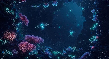 Obraz premium Underwater world featuring coral reefs and jellyfish exhibiting bioluminescence in a mesmerizing display of marine life.
