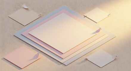 Fototapeta premium Pastel Paper Squares on Textured Backdrop in Soft Sunlight