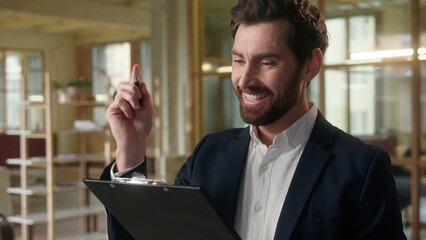Businessman in office writing documents Caucasian business man sign contract insight create idea...
