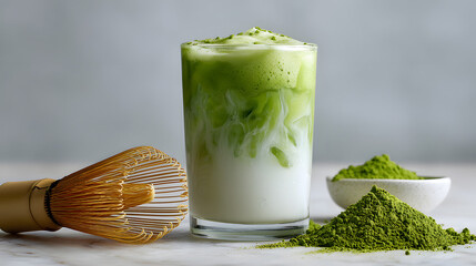 Refreshing Iced Matcha Latte with Whisk and Green Powder Setup