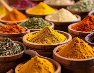 Fototapeta premium Colorful assortment of Indian spices displayed in rustic bowls and wooden spoons