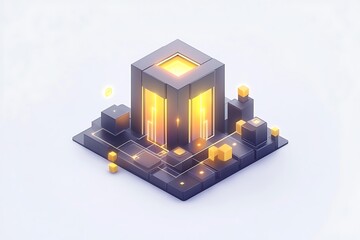 Isometric server room with glowing lights for data processing and storage visualization