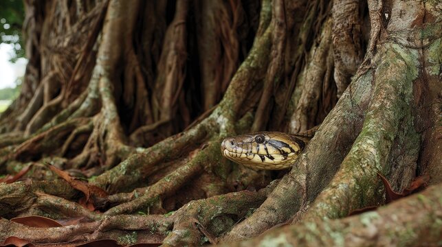 Snake hidden beneath large tree roots