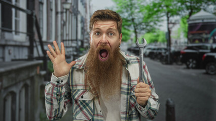 Man holding wrench with one hand and raising other hand on street, wearing plaid shirt and sporting a long beard; surprise.