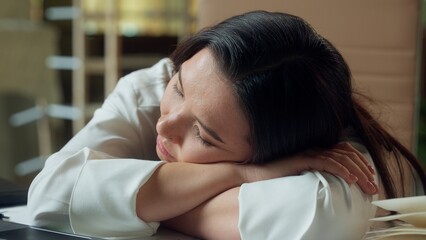 Sleeping business woman on office table tired exhausted businesswoman weary sleep nap overwork...