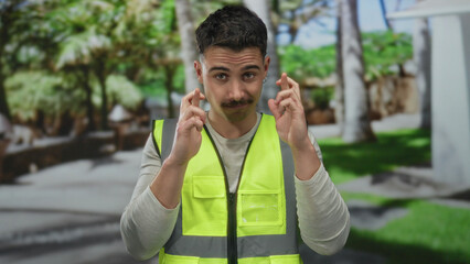 Young man in a reflective vest stands in a park with trees crossing fingers, appearing hopeful and...