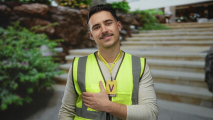 Young man wearing a reflective vest smiles with satisfaction outdoors on a city street, embodying the spirit of a dedicated volunteer.