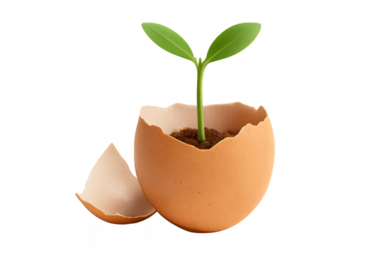 Small plant growing inside broken eggshell with transparent background