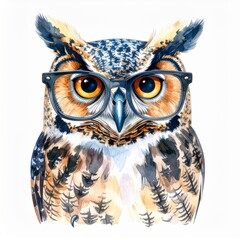 Wise Owl With Glasses Watercolor Painting