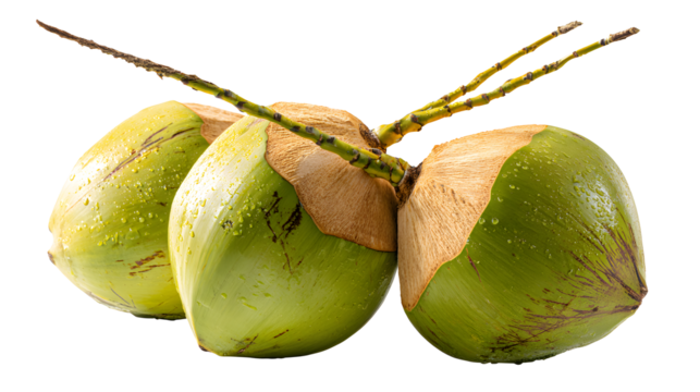 Green coconuts with drinking straw isolated on a white background