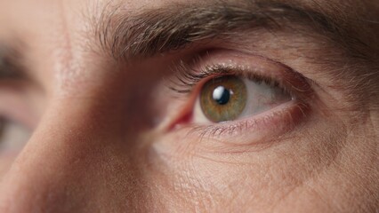 Close up focused eyes man businessman think idea middle-aged guy business employer in office...