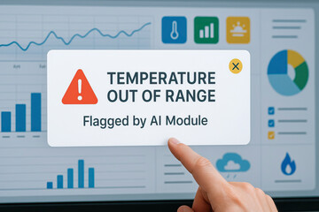 Temperature out of range warning on digital screen with data charts and graphs, finger pointing at alert, monitoring system showing critical condition flagged by AI module