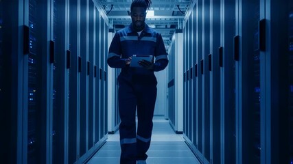 Black it specialist walking through a data center server room, using a tablet to monitor hardware equipment and ensure optimal performance of the network and systems - Powered by Adobe